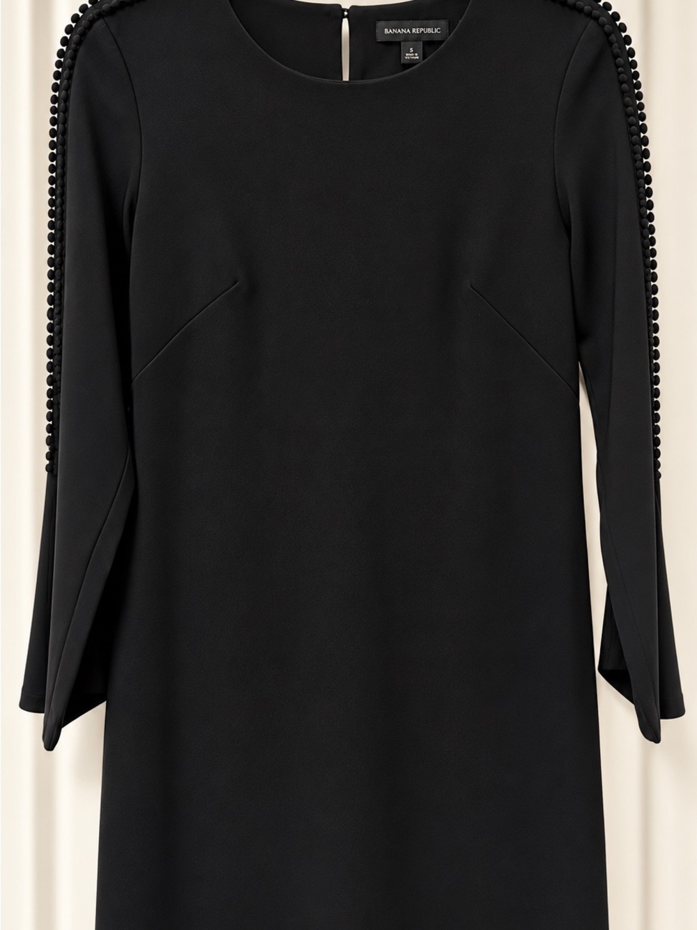 Banana Republic Black Long-Sleeve Shift Dress with Pom Trim